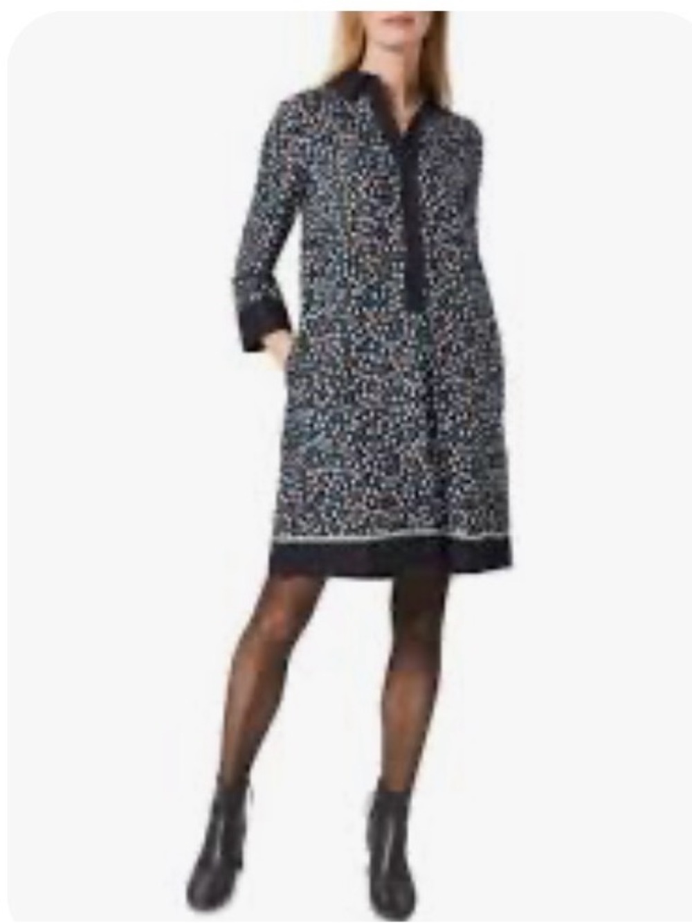 Hobbs 8 Marci multicolor navy polka dot contrast border slip pocket midi dress